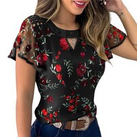 Женские топы с оборками на рукавах, 4 стиля, пуловер в горошек, с цветочной вышивкой, блузка в офисном стиле, повседневный шифоновый джемпер, футболка 4001316161819