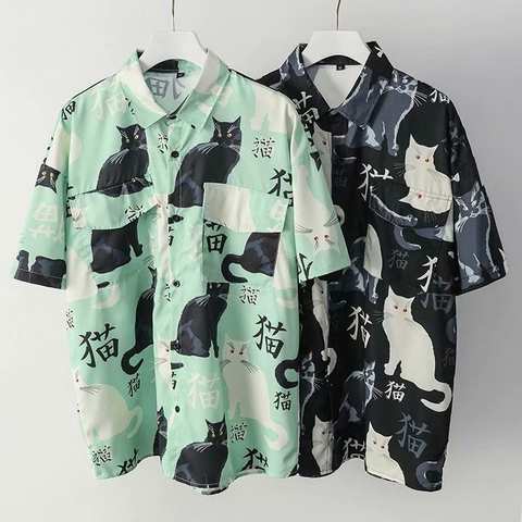 Гавайская мужская пляжная рубашка с коротким рукавом, гавайская Пляжная футболка с 3D рисунком черного кота, с цветочным принтом, большие размеры, лето 4001322020823