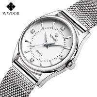 Женские наручные часы WWOOR, Серебристые часы с браслетом из нержавеющей стали, с бриллиантами 4001351690363