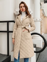 Simplee длинное прямое зимнее пальто с ромбовидным узором, Повседневная Женская парка с поясом, с глубокими карманами и воротником, стильная верхняя одежда 4001366215502