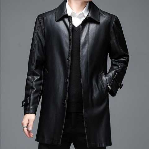 Новая зимняя мужская деловая повседневная куртка из овечьей кожи, Черное длинное кожаное пальто, Мужская брендовая одежда с лацканами и бархатной подкладкой, модная верхняя одежда 726346036