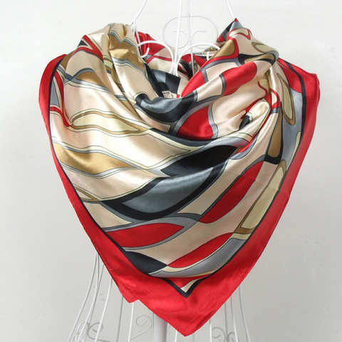 Красный шёлковый шарф женский шарф, китайский стиль, атласный большой квадратный шарф с принтом, Женский брендовый шелковый шарф из искусственного шелка, хиджаб, модная шаль 90*90 см 752913271