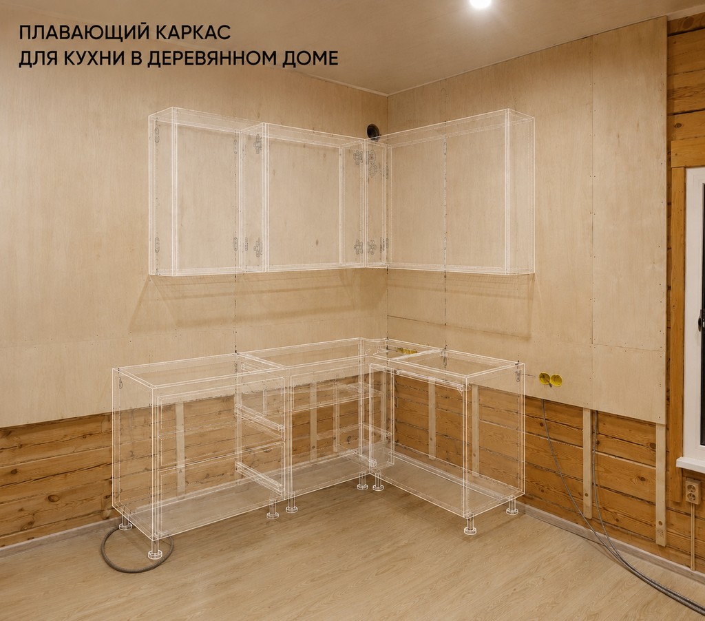 Плавающий каркас для кухни в деревянном доме