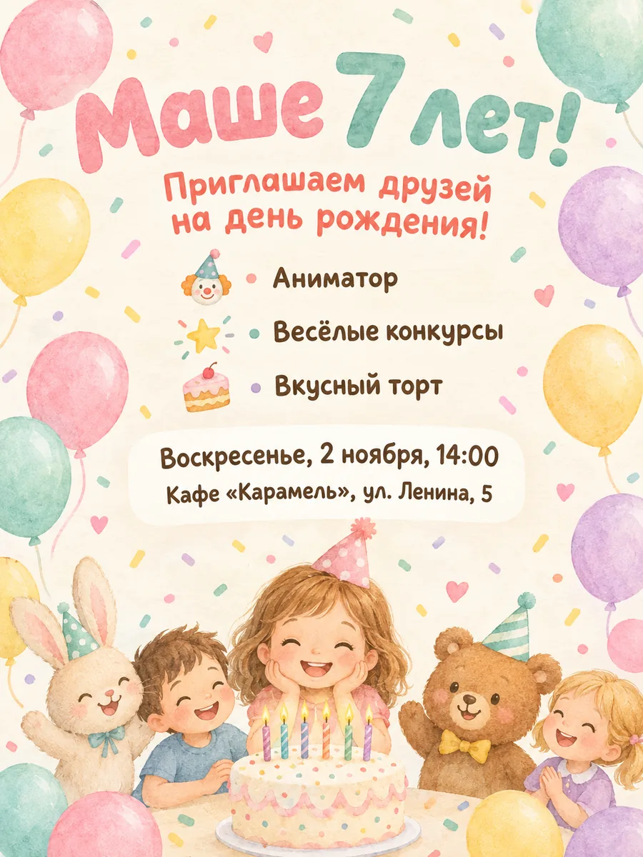 Объявление и афиша: День рождения Маши