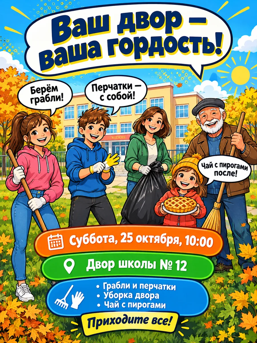 Объявление и афиша: Субботник во дворе школы