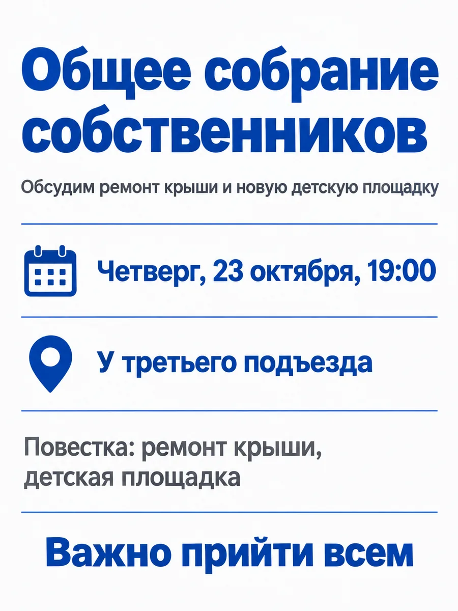 Объявление и афиша: Собрание жильцов