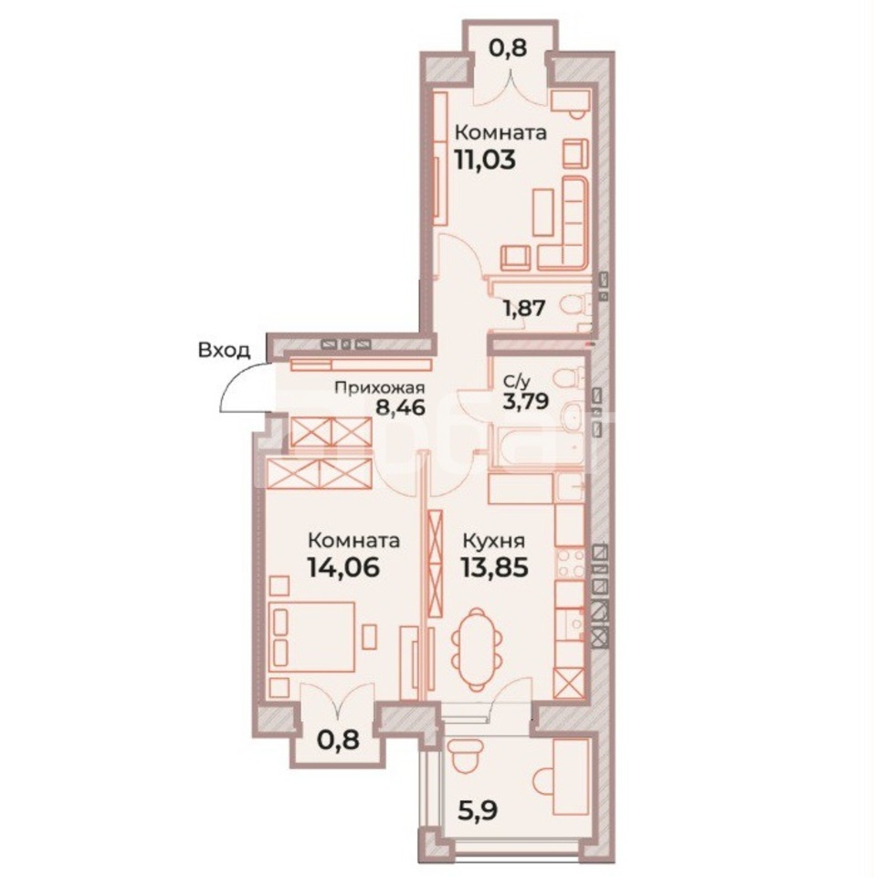 2-х к кв, 4/9 этаж, 56,49м²