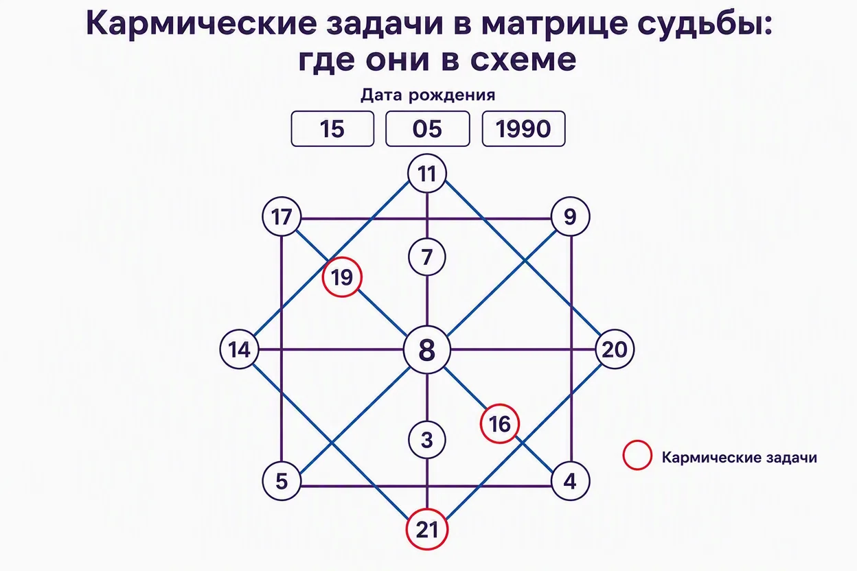 Матрица судьбы кармический — октаграмма с отмеченными позициями кармических задач по дате рождения