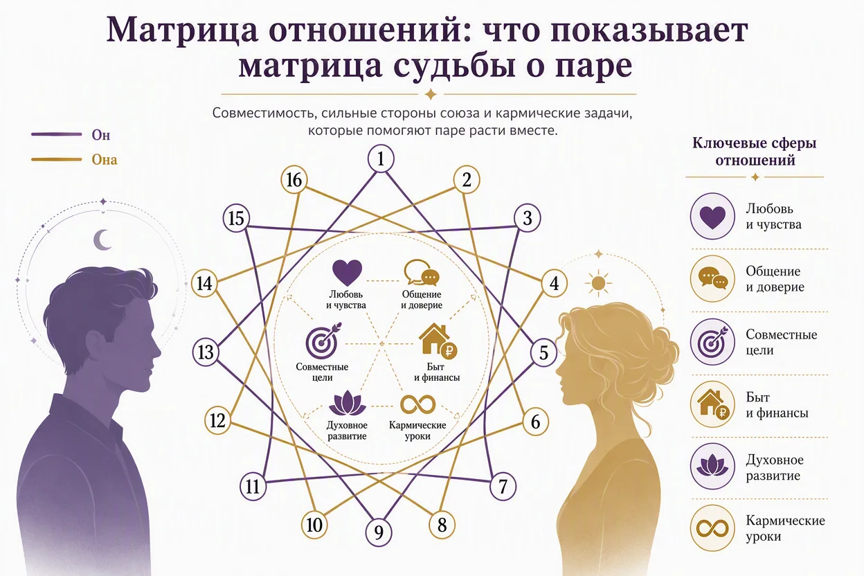 Матрица отношений — октаграмма пары с рассчитанными арканами по датам рождения