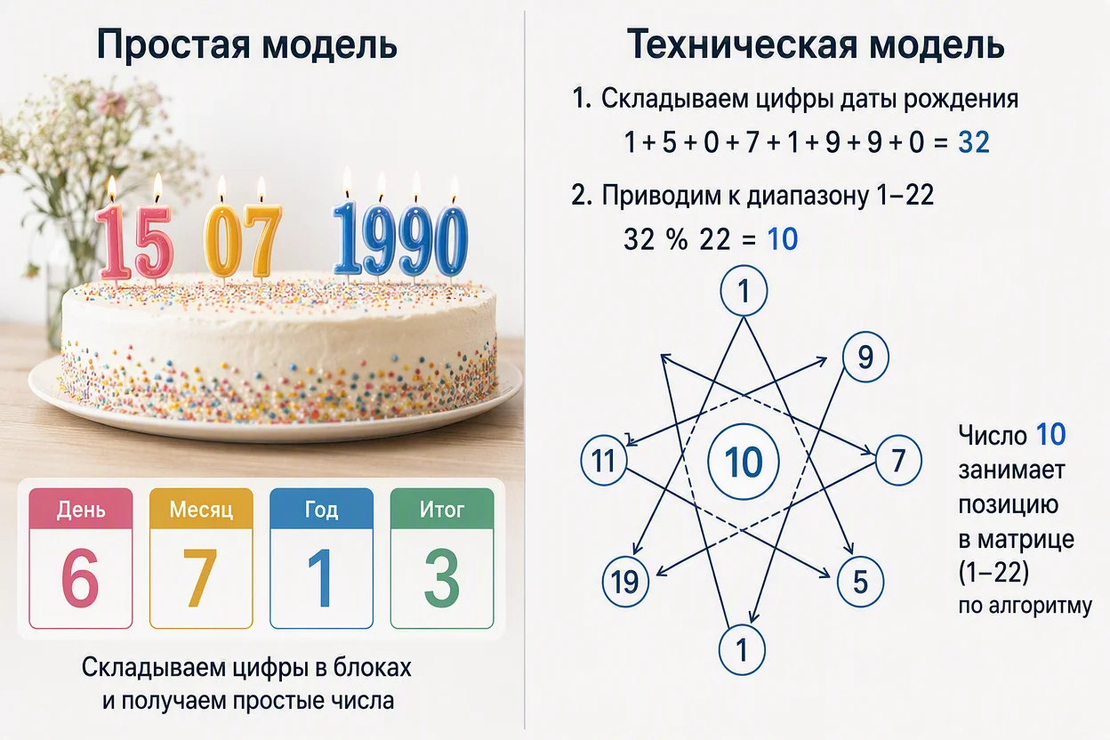 Матрица судьбы: простая и техническая модель — сравнительная инфографика на две панели
