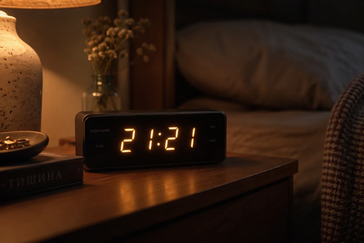 Нумерология 21 21 — цифровые часы с зеркальным временем 21:21 крупным планом