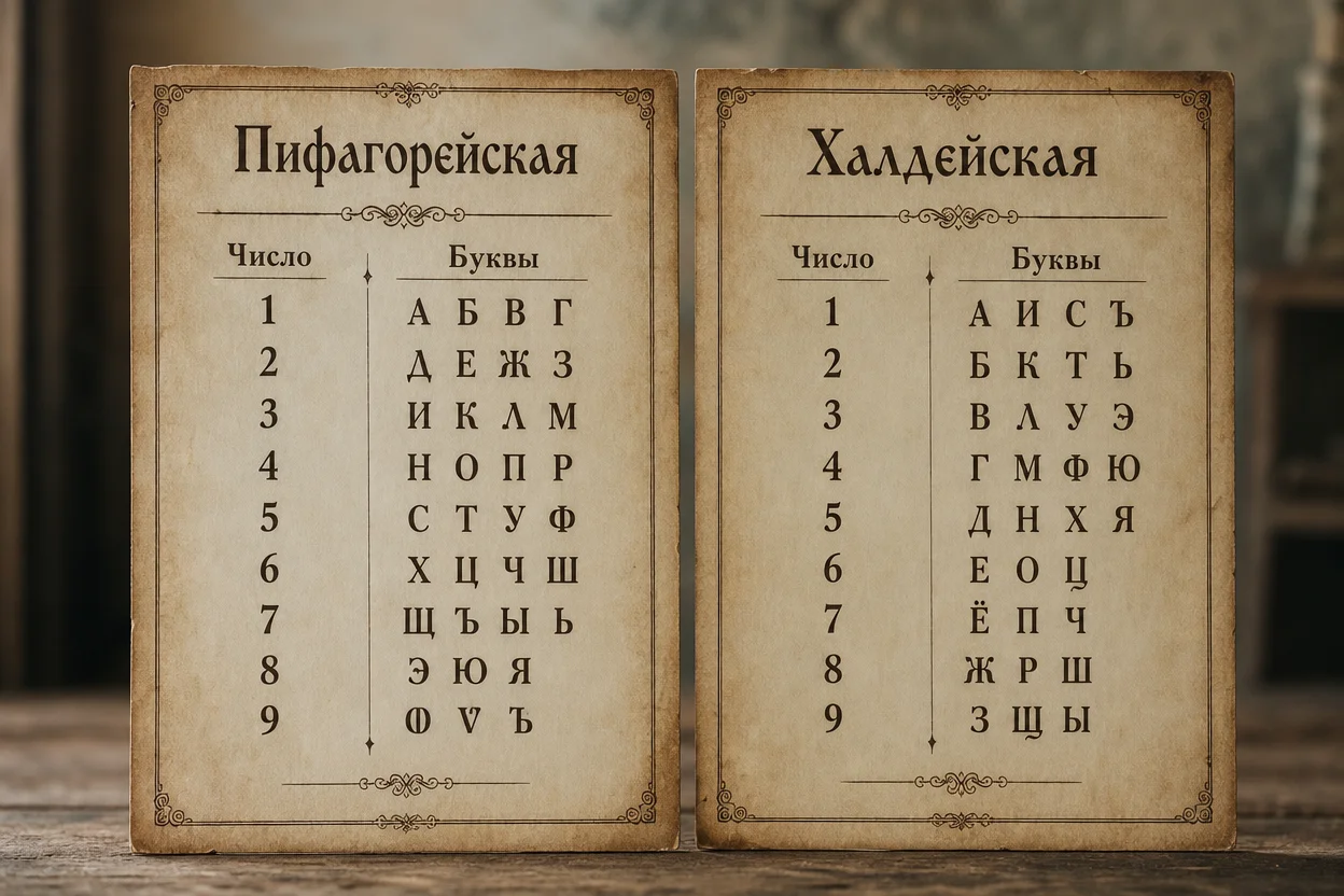 Пифагорейская и халдейская системы — таблицы соответствия букв и цифр