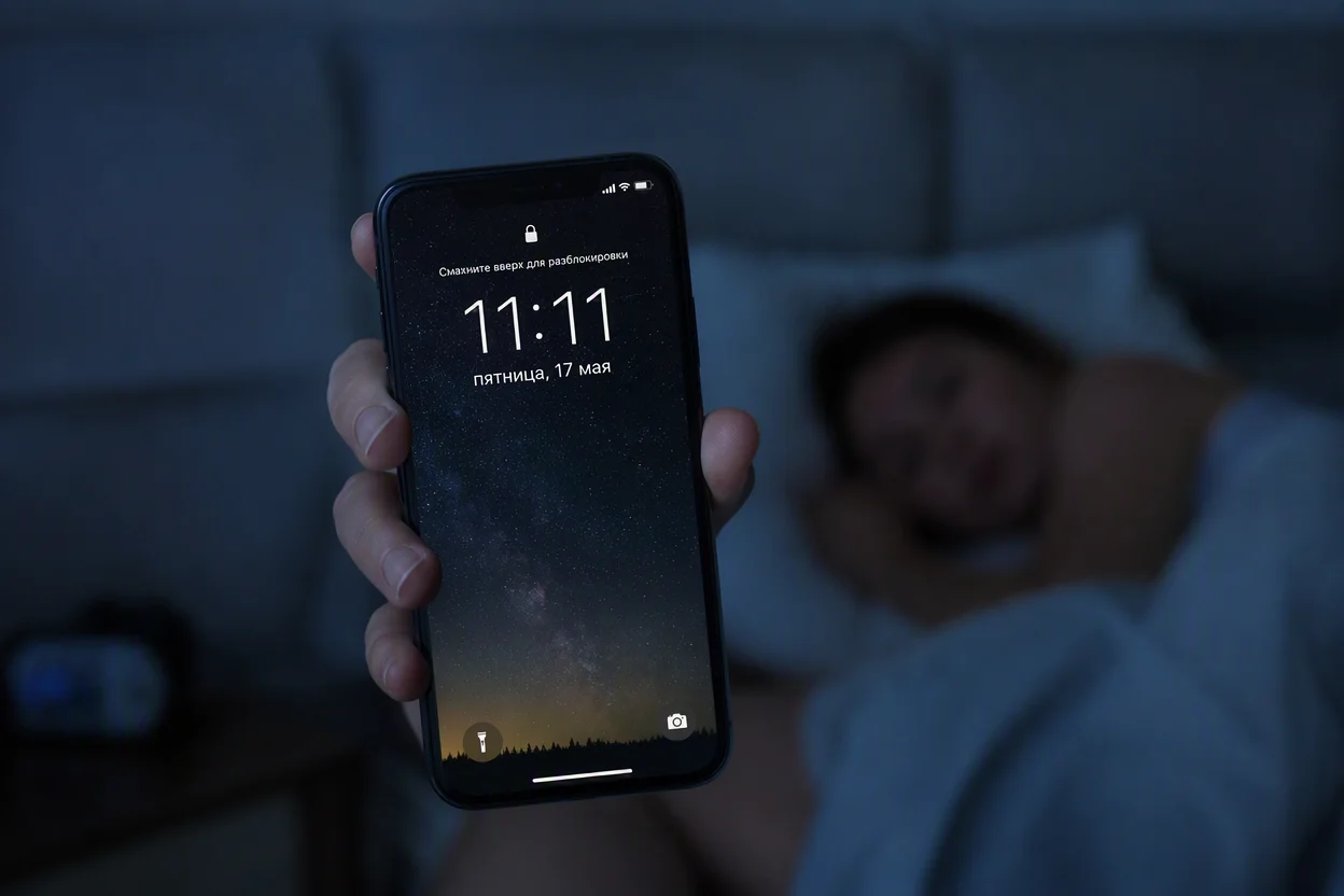Значение чисел на часах ангельская нумерология — совпадение 11:11 на экране телефона в тёмной комнате