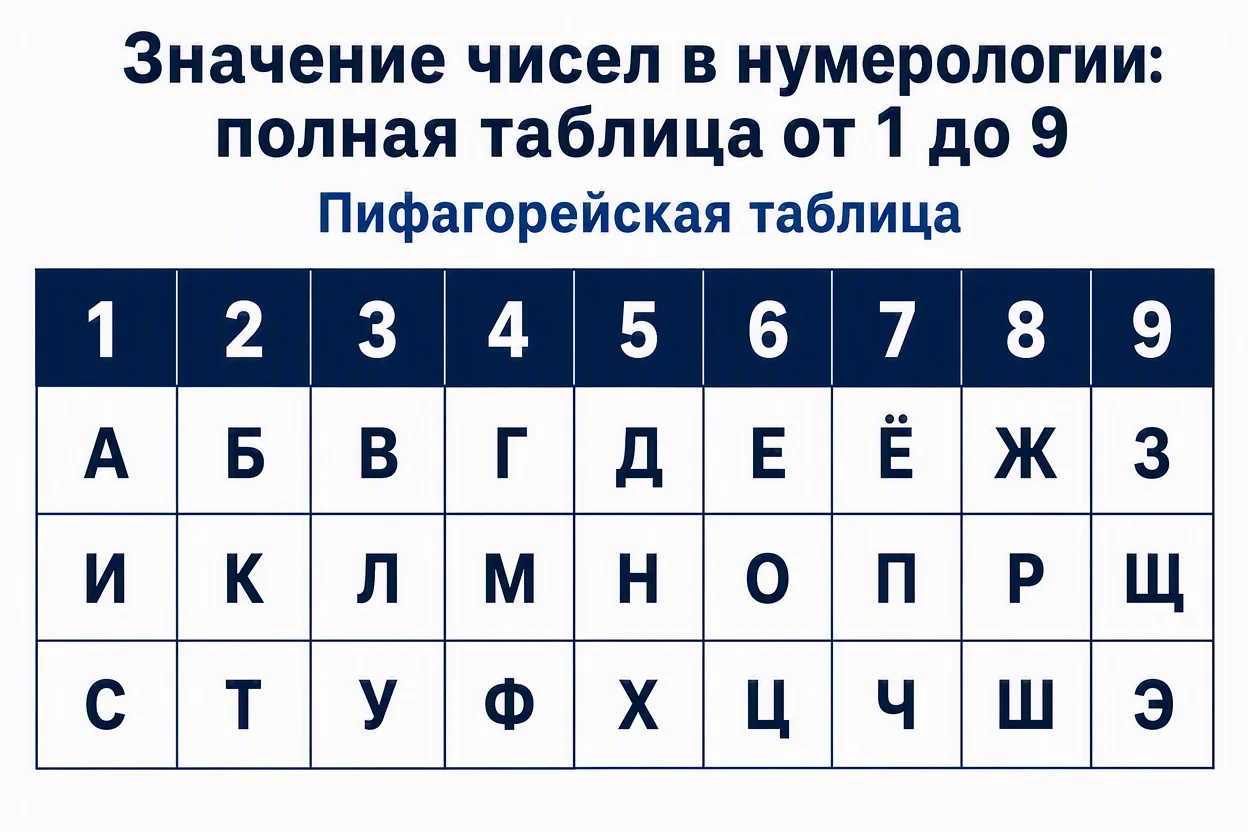 Система Пифагора — буквы алфавита, разложенные по числам от 1 до 9 в таблице