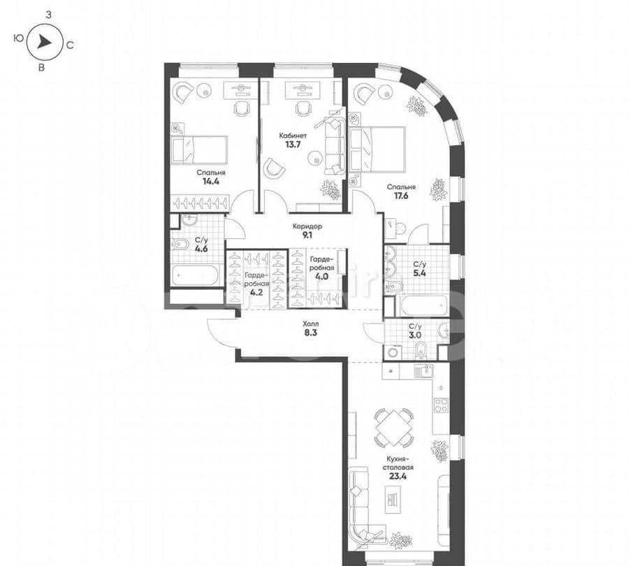 3-комн. квартира, 107.7 м2, 3/16 эт. Москва - изображение 7