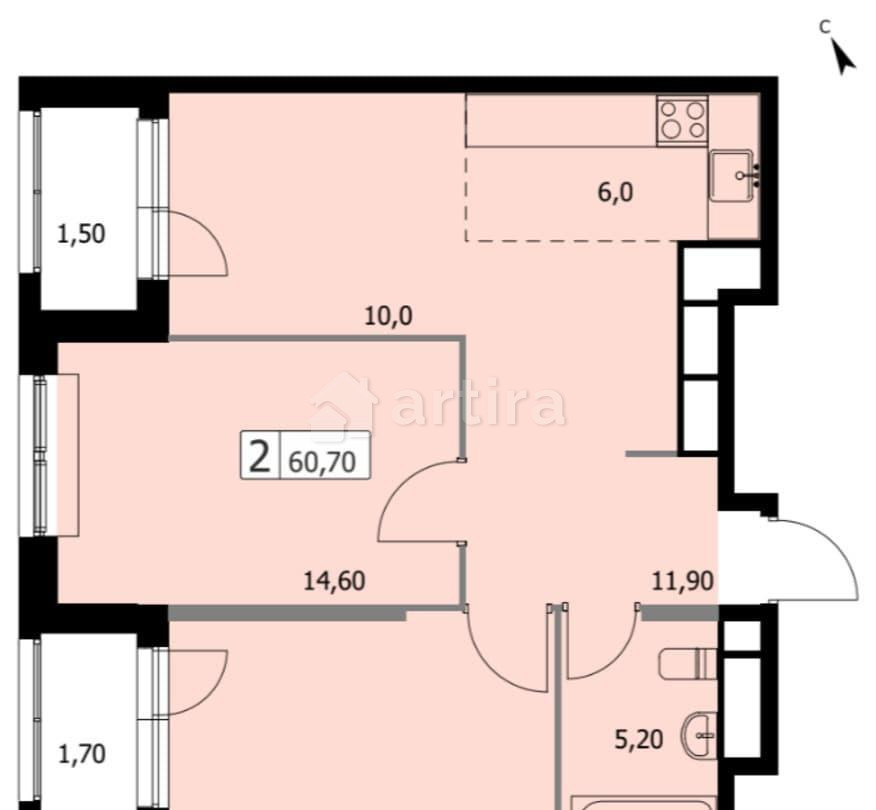 2-комн. квартира, 60.7 м2, 14/19 эт. Москва - изображение 18