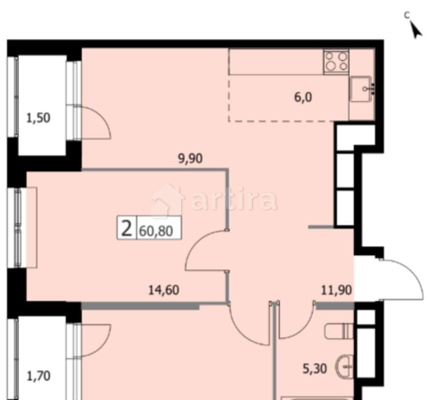 2-комн. квартира, 60.8 м2, 11/19 эт. Москва - изображение 8