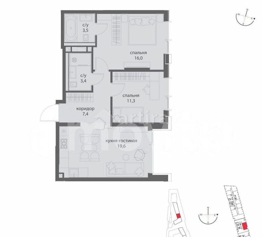 2-комн. квартира, 61.2 м2, 2/50 эт. Москва - изображение 4