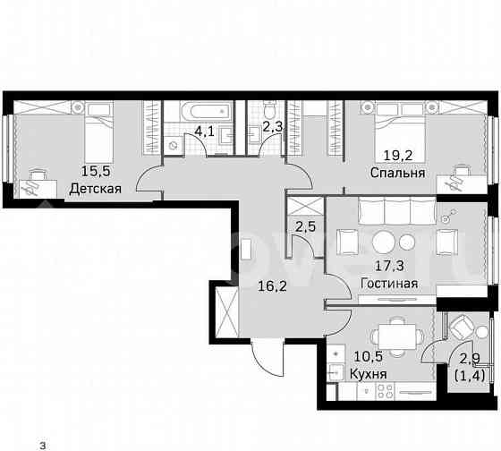3-комн. квартира, 87.9 м2, 19/43 эт. Москва