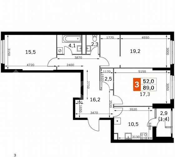 3-комн. квартира, 87.9 м2, 19/43 эт. Москва