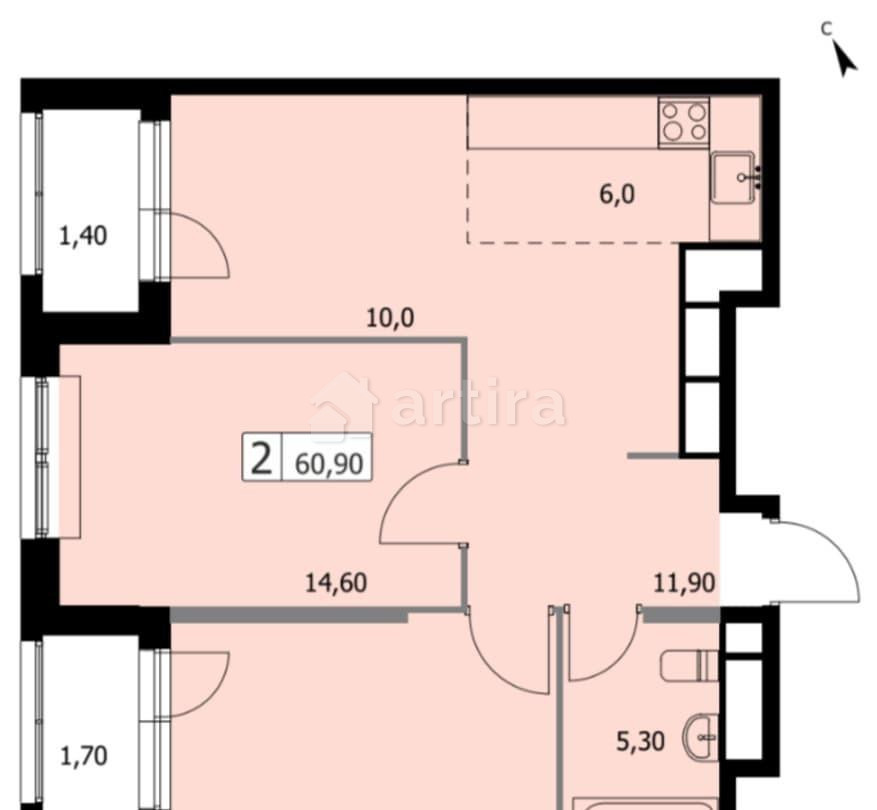 2-комн. квартира, 60.9 м2, 18/19 эт. Москва - изображение 15