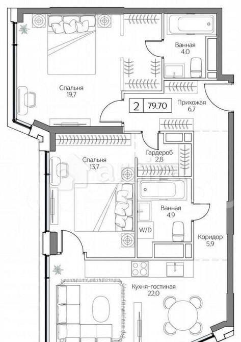 2-комн. квартира, 79.7 м2, 22/27 эт. Москва - изображение 1