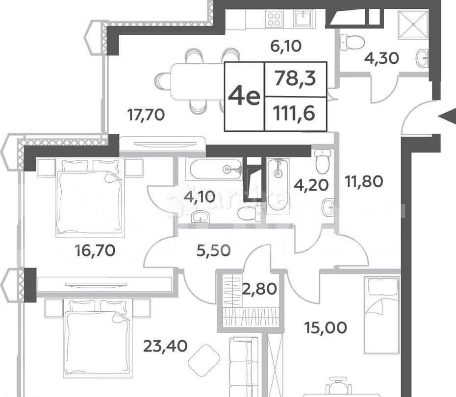 4-комн. пентхаус, 111.6 м2, 15/56 эт. Москва - изображение 1