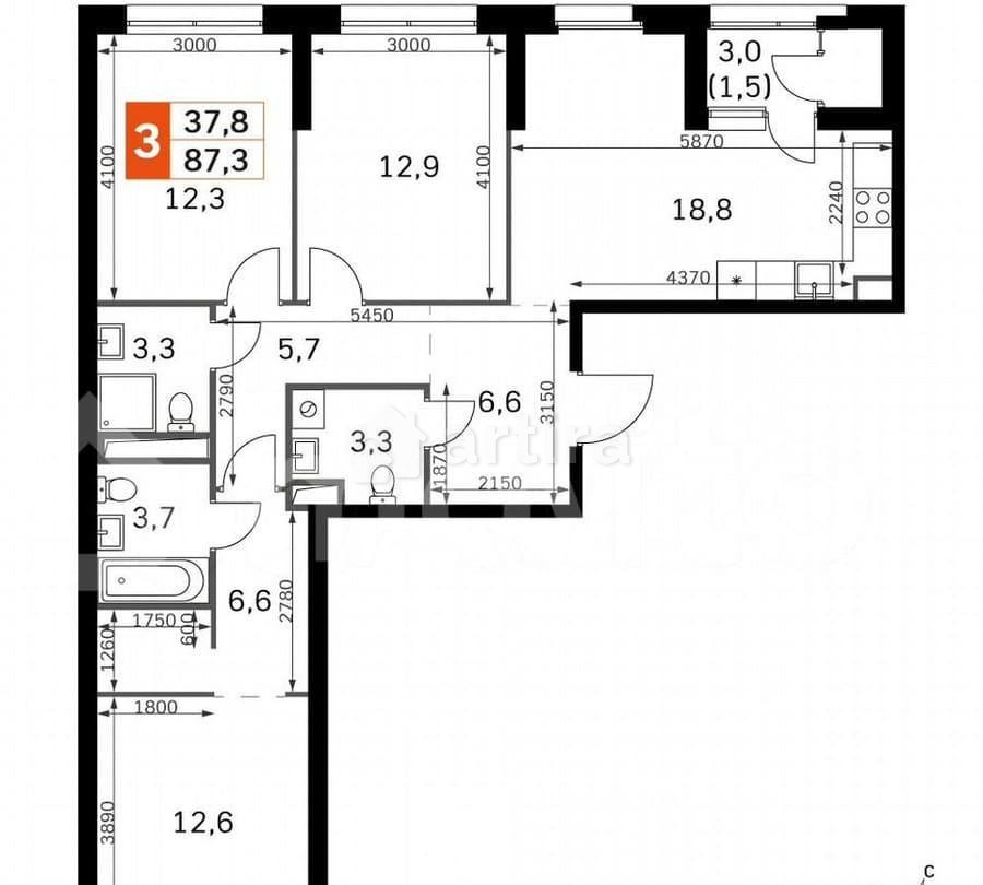 3-комн. квартира, 87.3 м2, 9/42 эт. Москва - изображение 3