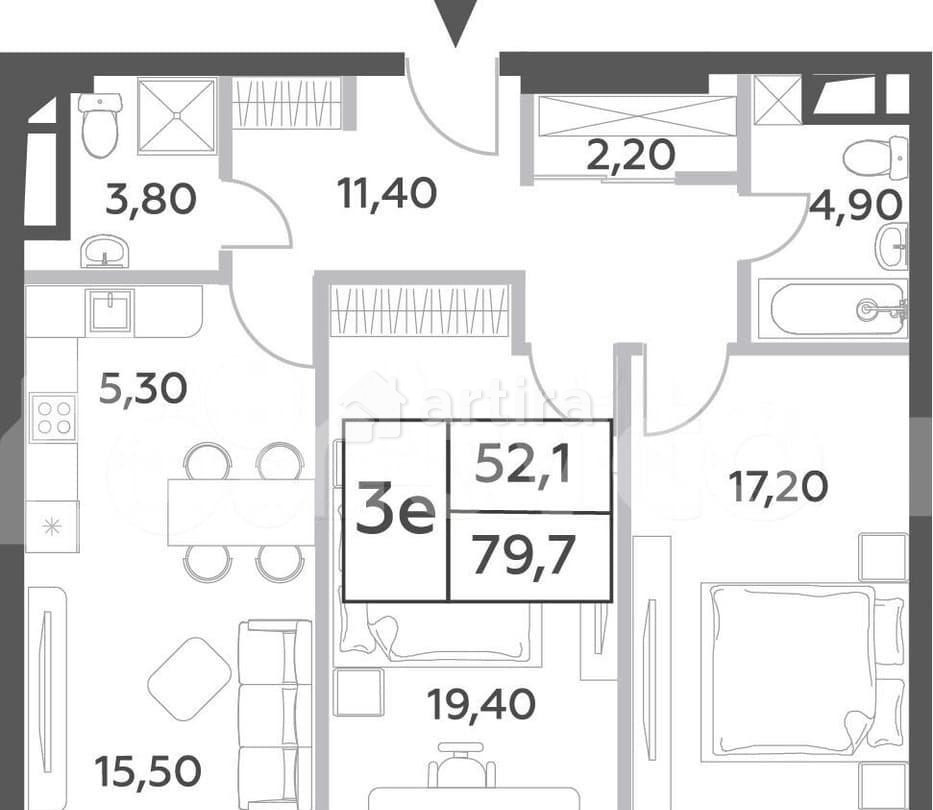 3-комн. пентхаус, 79.7 м2, 32/52 эт. Москва - изображение 1