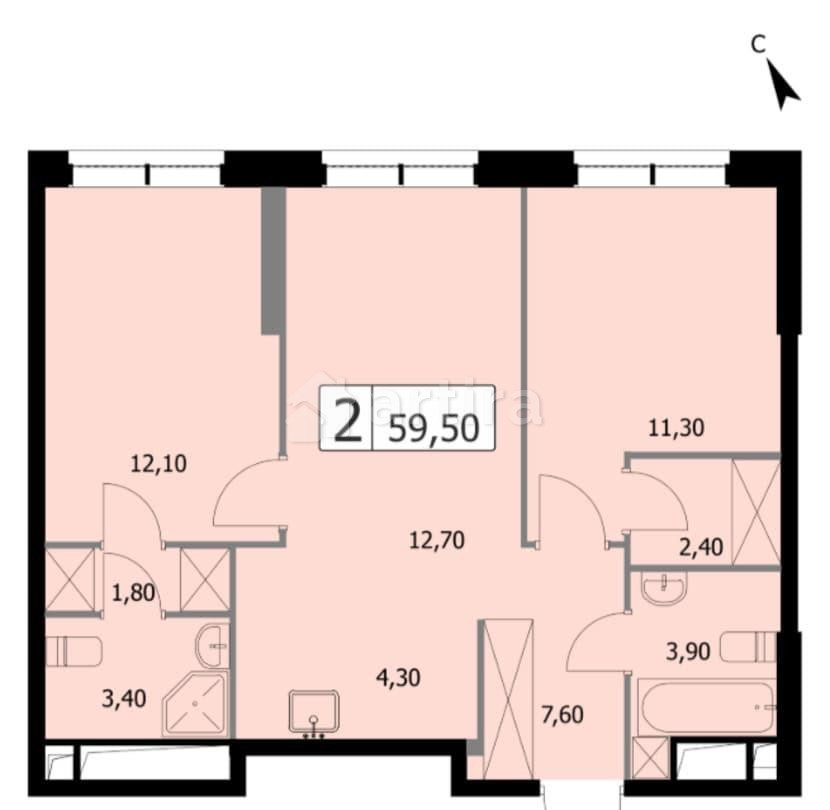 2-комн. квартира, 59.5 м2, 19/19 эт. Москва - изображение 5