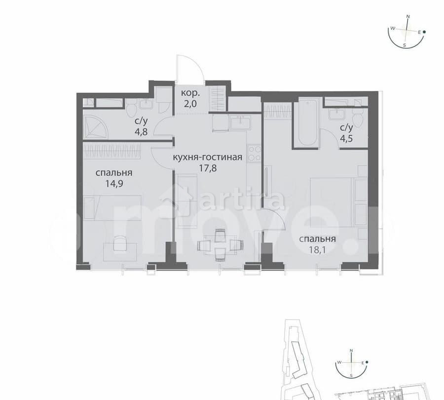 2-комн. квартира, 62.1 м2, 37/38 эт. Москва - изображение 5
