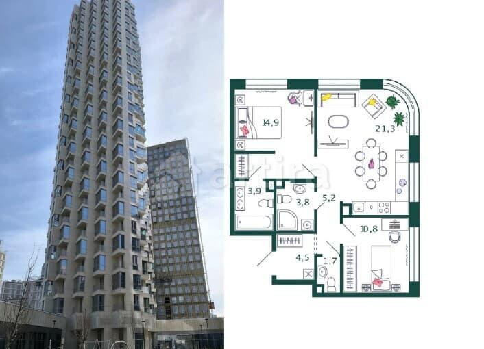 2-комн. квартира, 66.1 м2, 2/17 эт. Москва - изображение 1