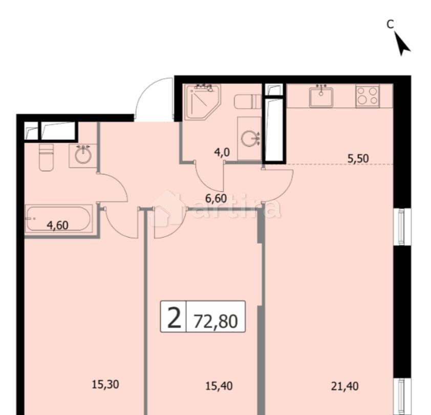 2-комн. квартира, 72.8 м2, 17/19 эт. Москва - изображение 6