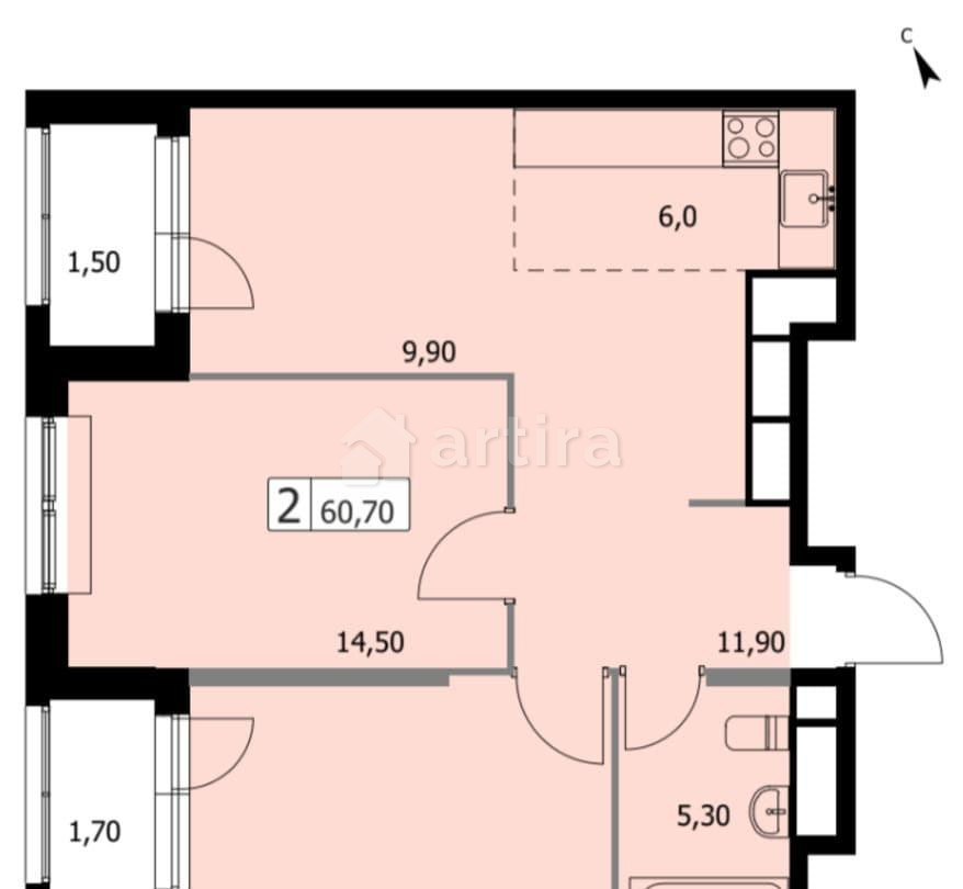 2-комн. квартира, 60.7 м2, 12/19 эт. Москва - изображение 19