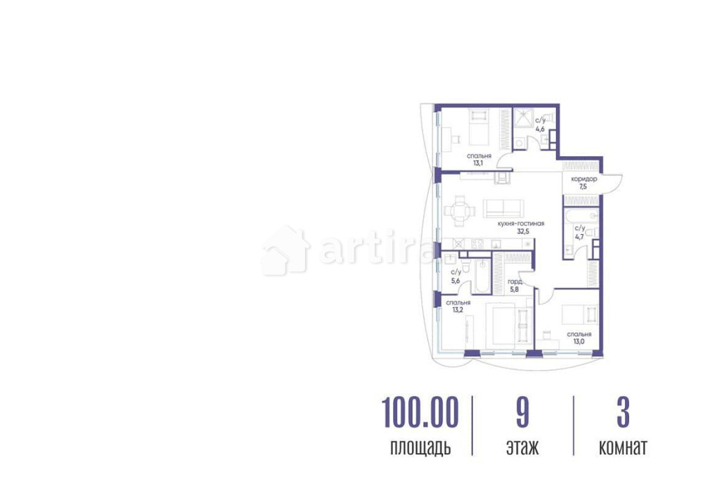 3-комн. квартира, 100.02 м2, 9/12 эт. Москва - изображение 2
