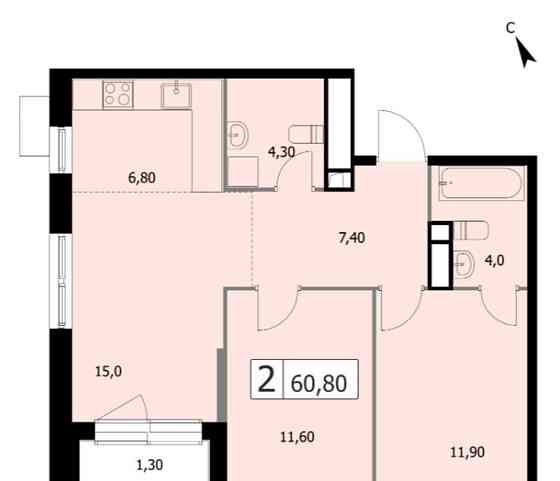 2-комн. квартира, 60.8 м2, 2/19 эт. Москва