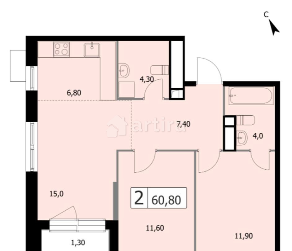 2-комн. квартира, 60.8 м2, 2/19 эт. Москва - изображение 3