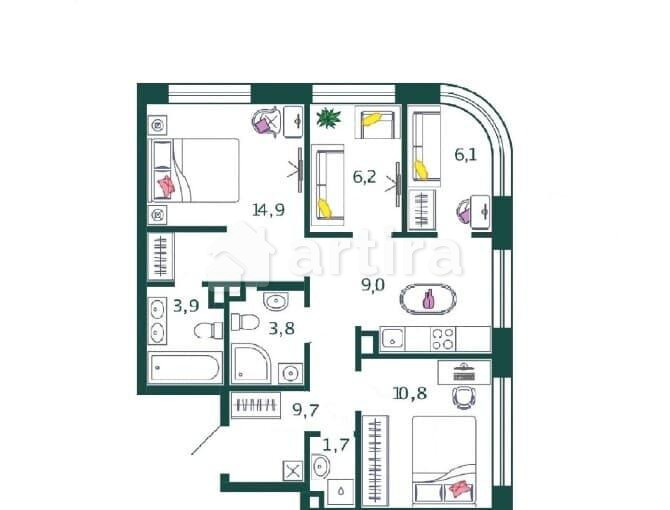 2-комн. квартира, 66.1 м2, 3/17 эт. Москва - изображение 14