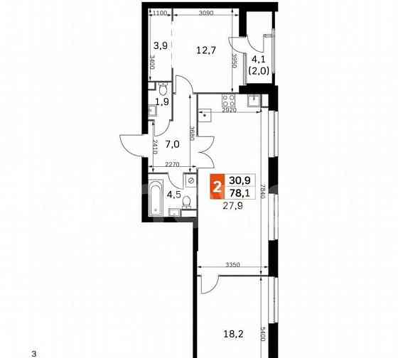 3-комн. квартира, 76.9 м2, 19/43 эт. Москва