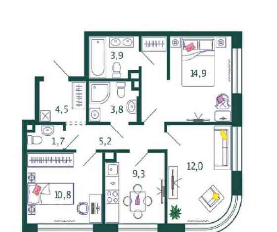 3-комн. квартира, 66.1 м2, 2/17 эт. Москва