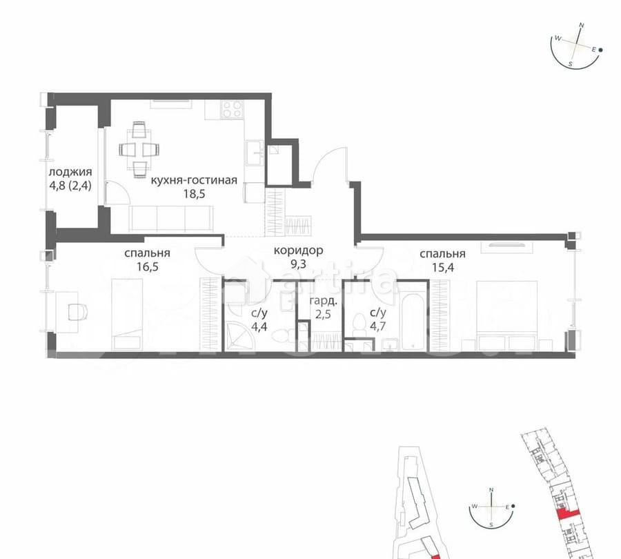 2-комн. квартира, 73.7 м2, 9/38 эт. Москва - изображение 5