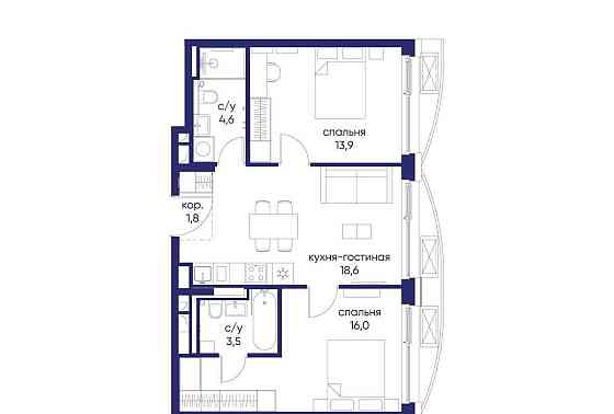 2-комн. квартира, 58.42 м2, 2/12 эт. Москва