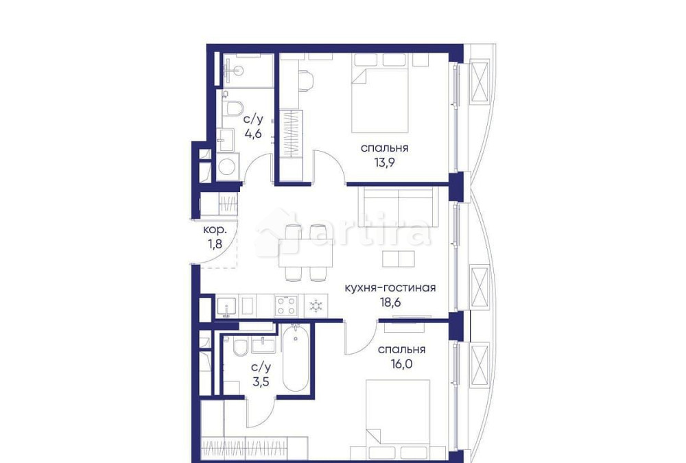 2-комн. квартира, 58.42 м2, 2/12 эт. Москва - изображение 1