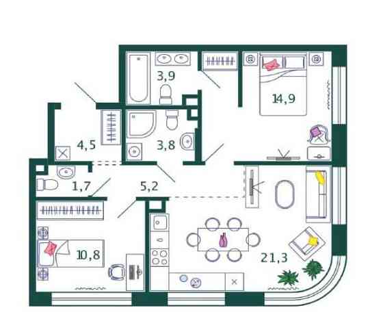 3-комн. квартира, 66.1 м2, 2/17 эт. Москва