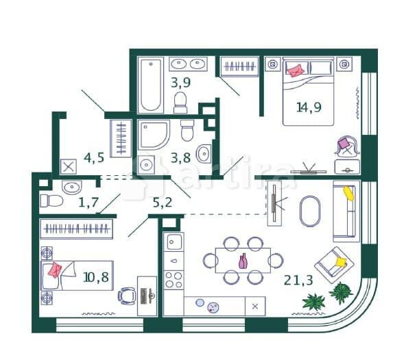 3-комн. квартира, 66.1 м2, 2/17 эт. Москва - изображение 4