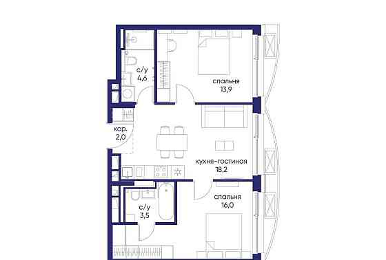 2-комн. квартира, 58.22 м2, 3/12 эт. Москва