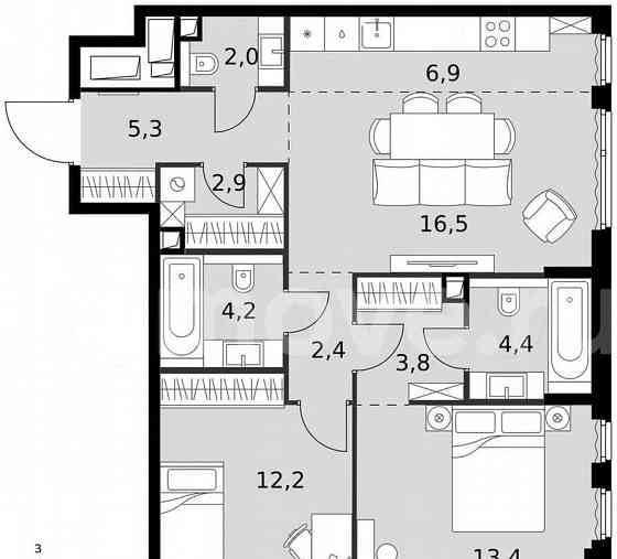 3-комн. квартира, 74 м2, 40/42 эт. Москва