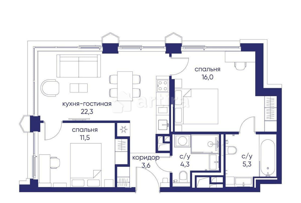 2-комн. квартира, 63.02 м2, 5/19 эт. Москва - изображение 2