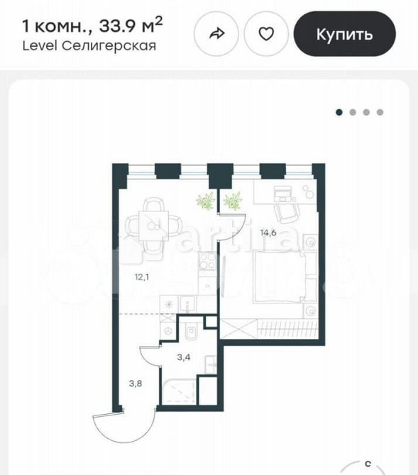 1-комн. квартира, 33.9 м2, 21/33 эт. Москва - изображение 1