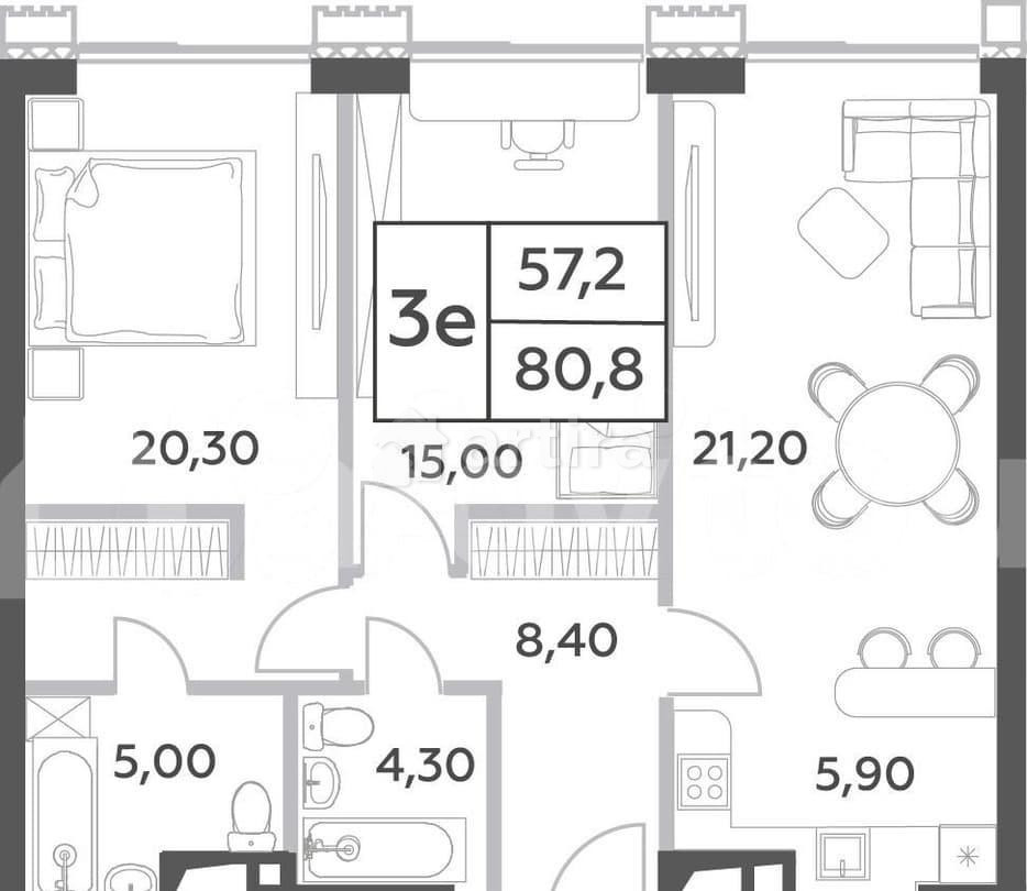 3-комн. пентхаус, 80.8 м2, 43/52 эт. Москва - изображение 1